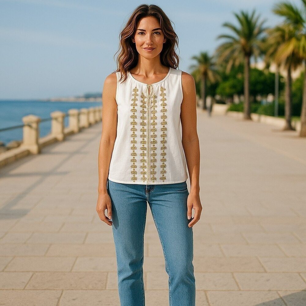 Solitaire Womens 1X White Gold Sequins Embroidered Sleeveless Tank Top